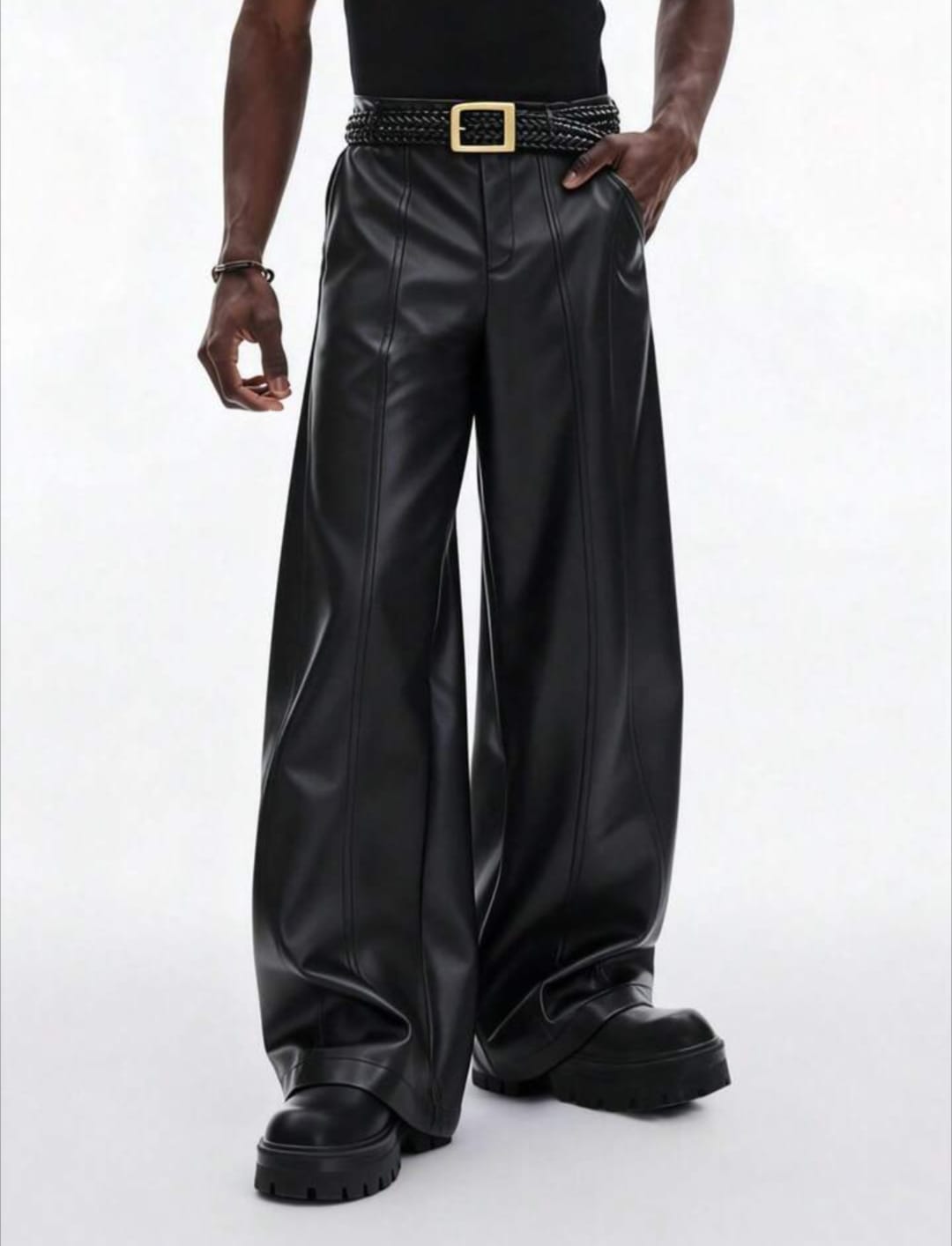Men's Black Faux Leather Wide-Leg Pants – High-Waist Statement Trousers